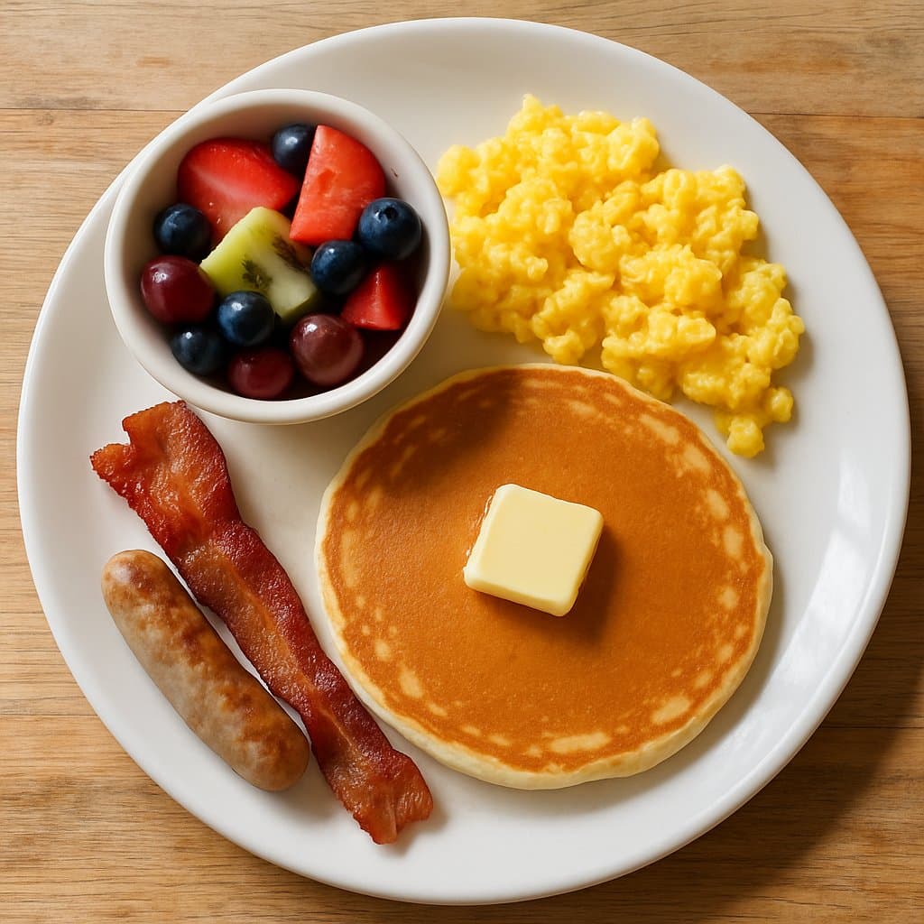Kids — Pancake, Egg, Bacon or Sausage & Fruit