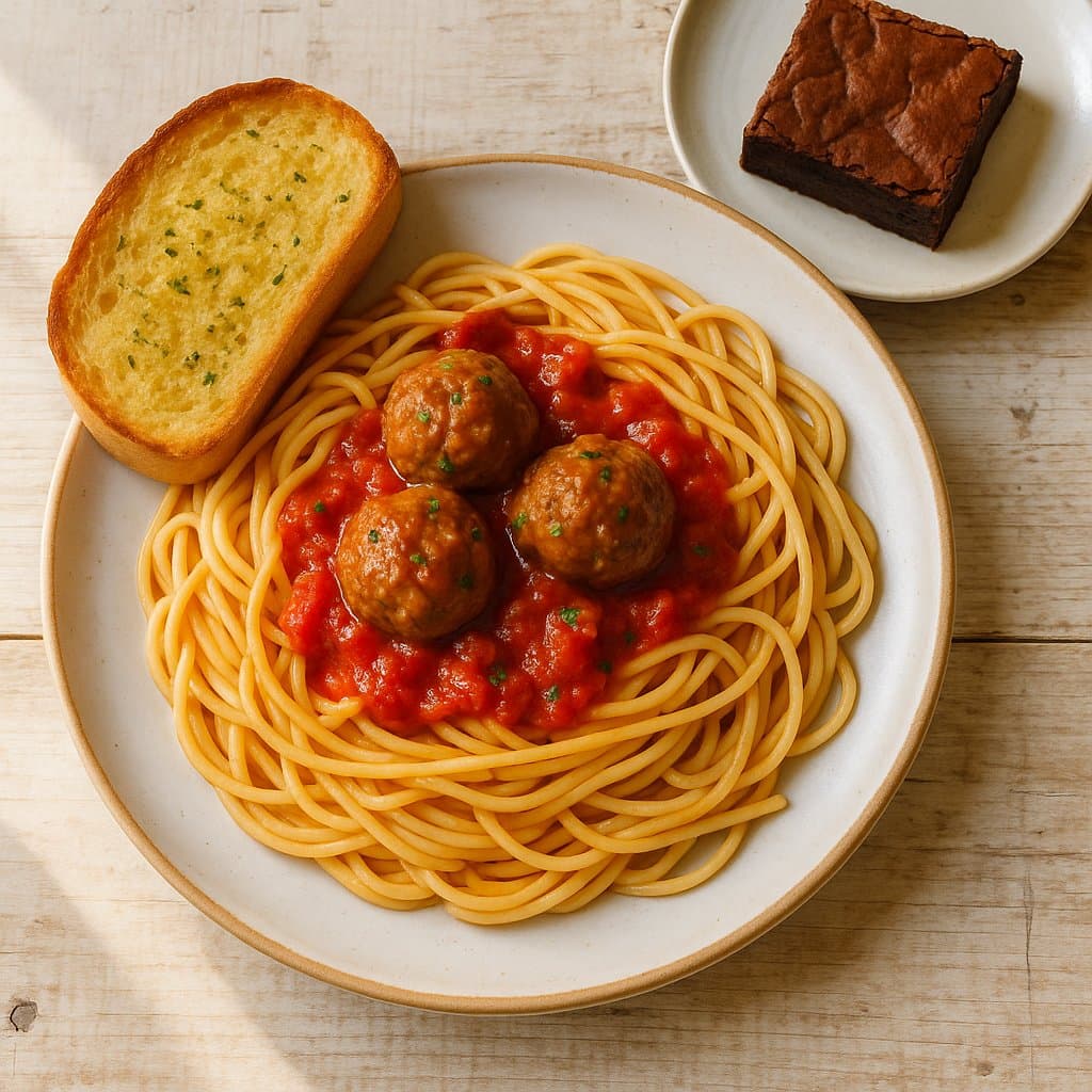 Kids — Spaghetti & Meatballs, Garlic Toast & Brownie