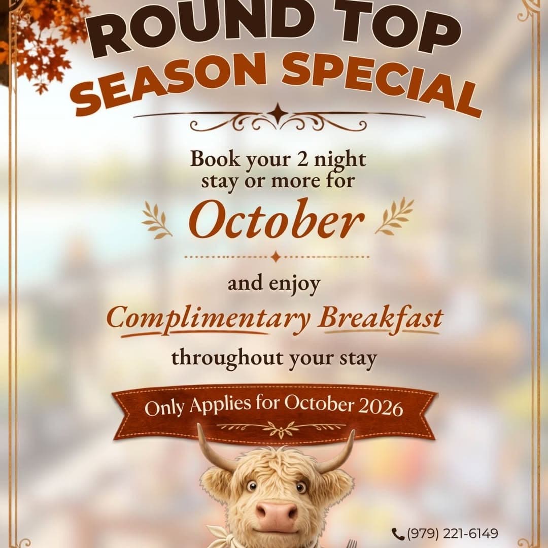 Round Top Season Special: book two or more nights in October 2026 and enjoy complimentary breakfast throughout your stay at Milk & Honey Ranch