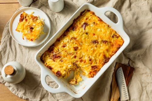 Loaded breakfast casserole — a chef-prepared meal from the Flow Café market at Milk & Honey Ranch