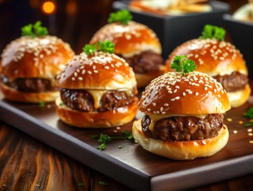 Wagyu cheeseburger sliders — a chef-prepared meal from the Flow Café market at Milk & Honey Ranch